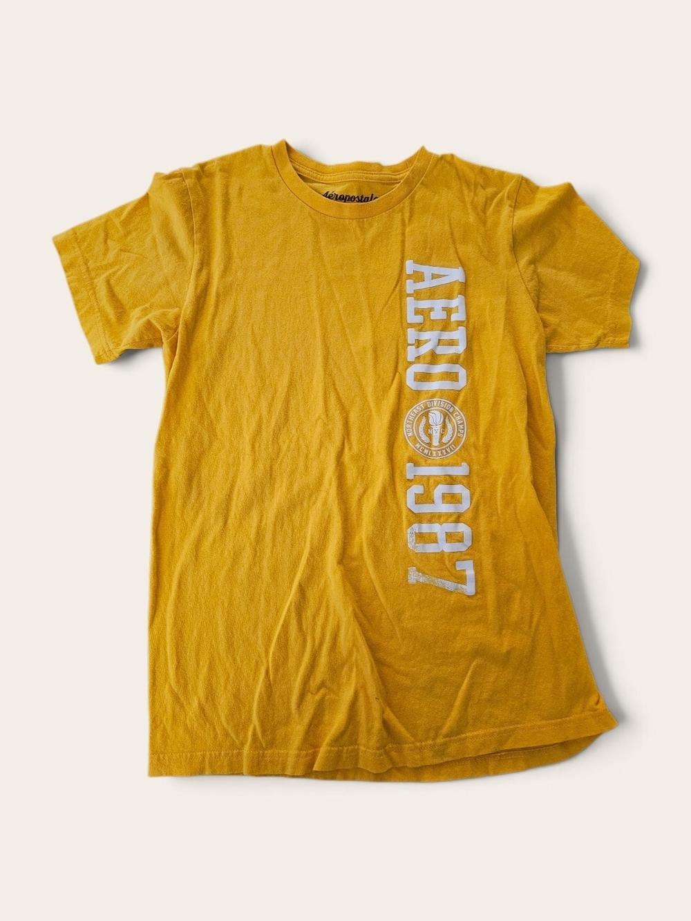 Aeropostale Yellow Short Sleeve Tee with White Vertical Logo